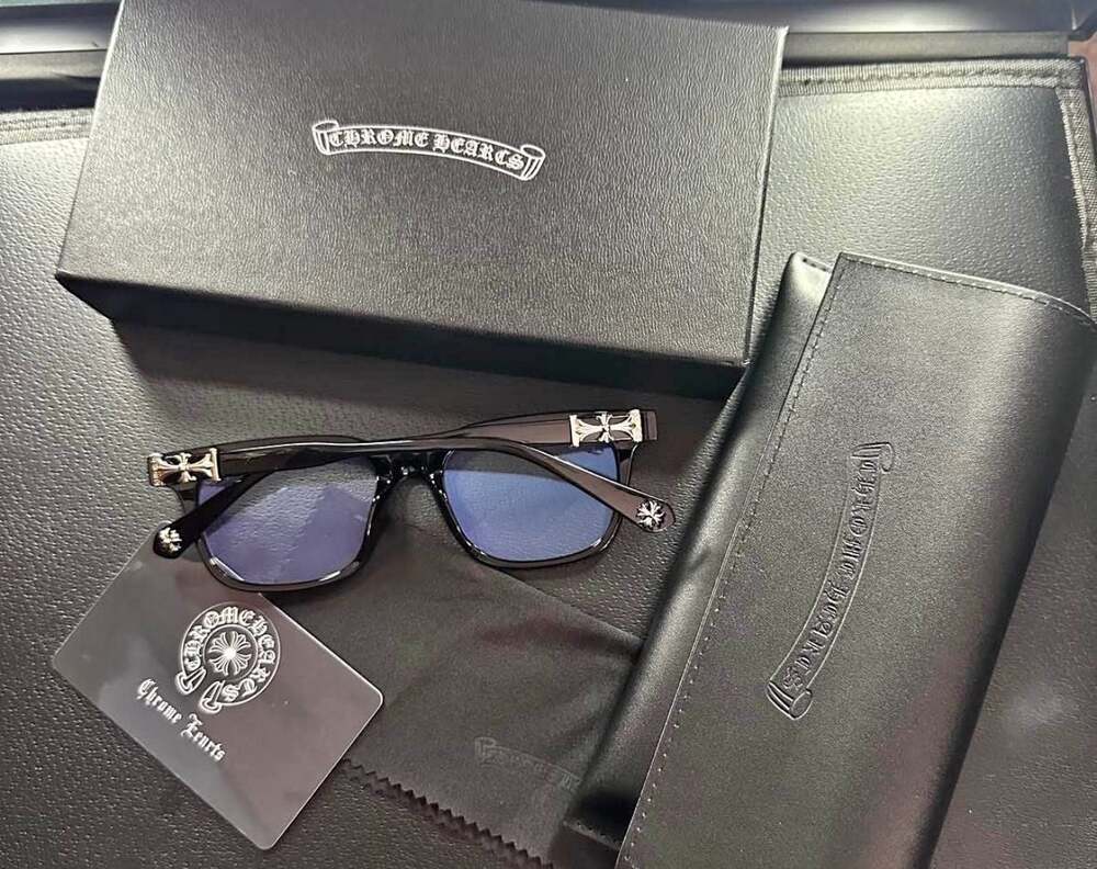 Chrome Hearts Sunglasses with Silver Cross Details and Blue Lenses with Packagin